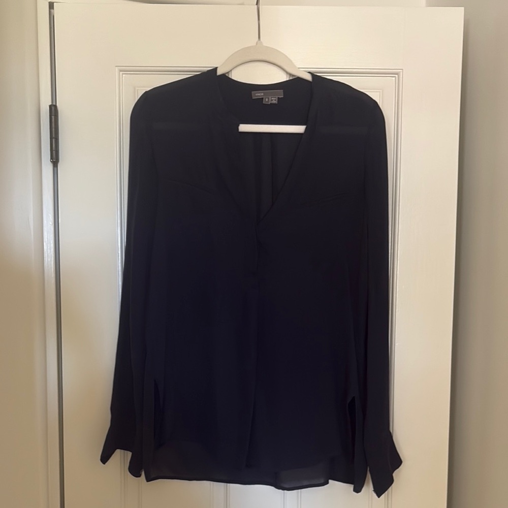 Vince Black Relaxed Blouse with Mandarin Collar